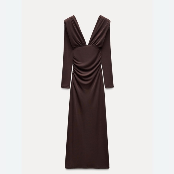 BNWT Zara Chocolate Long Dress with Shoulder Pads – Size M - Picture 6 of 16